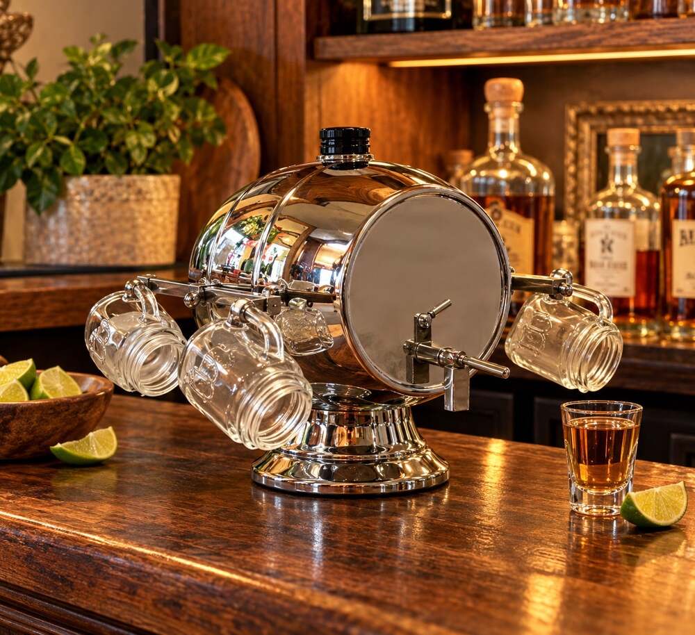 Vintage Mid-Century Chrome Barrel Liquor Dispenser Set with 4 Mini Shot Glasses